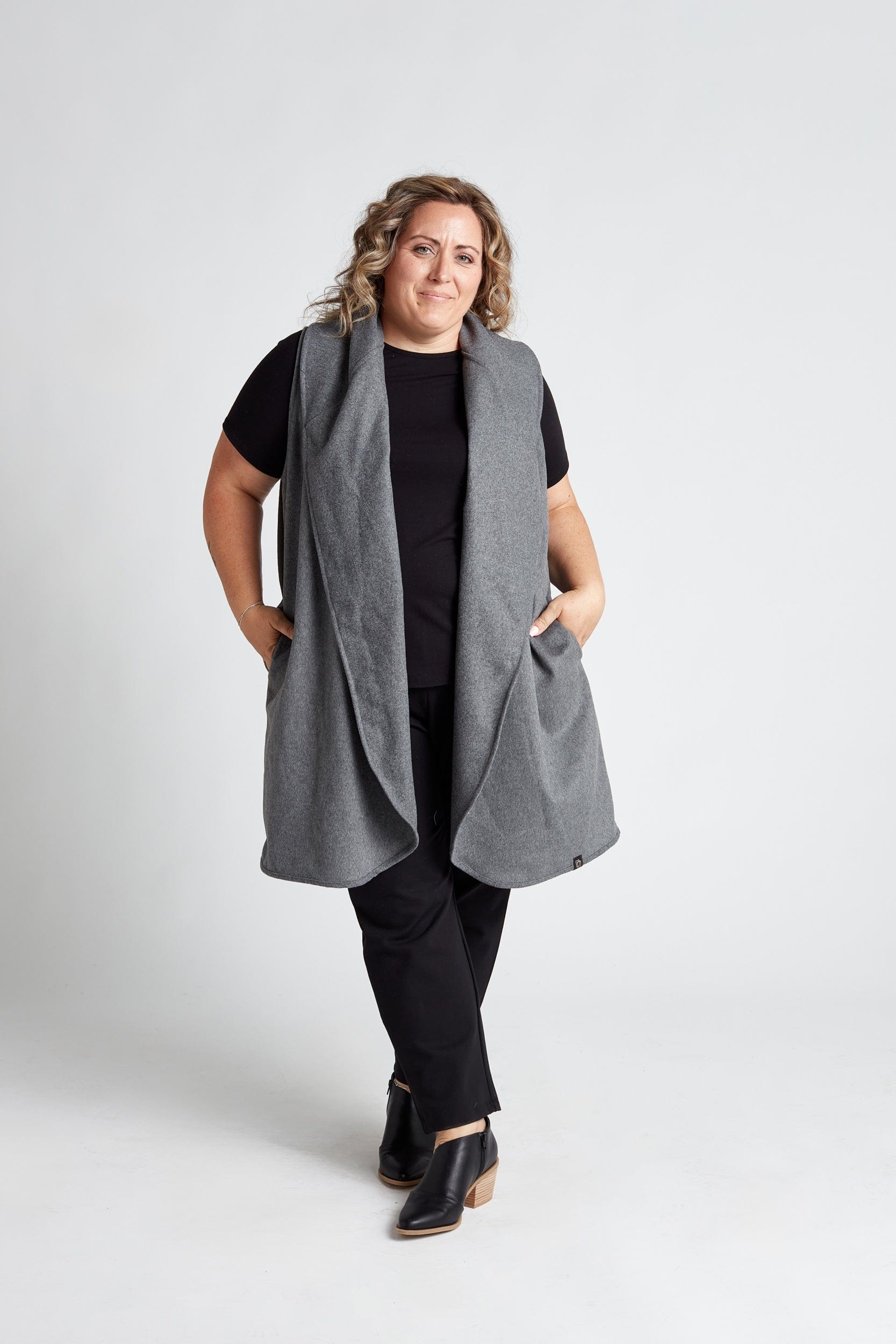 Gilet col en laine gris chiné