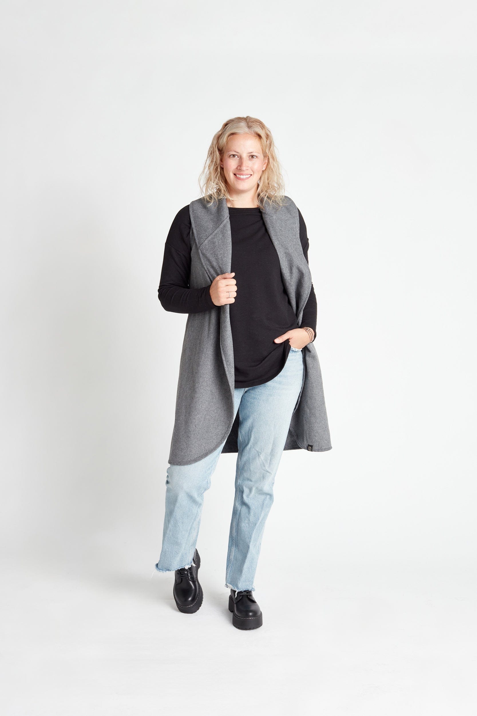 Gilet col en laine gris chiné