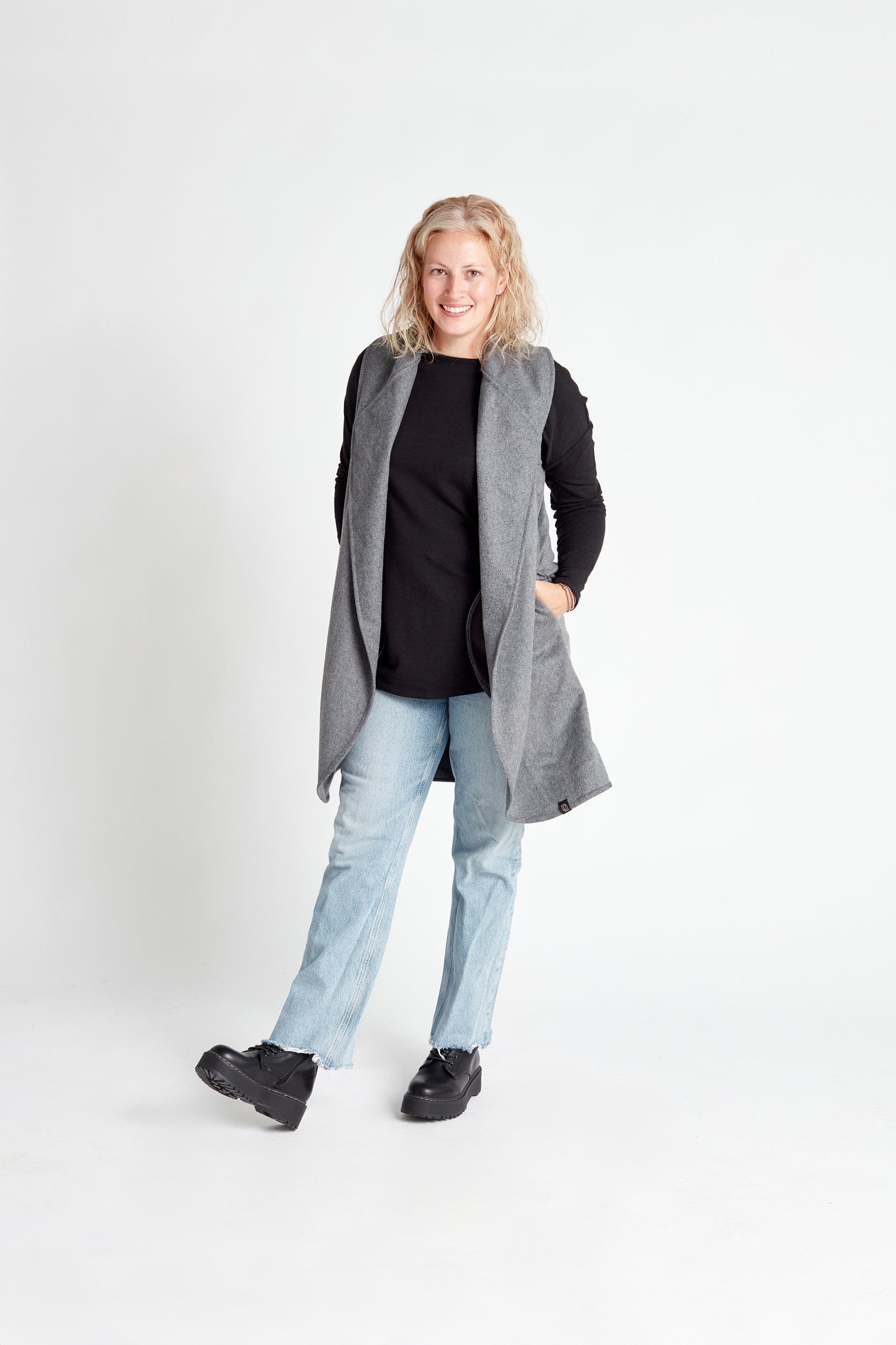 Gilet col en laine gris chiné