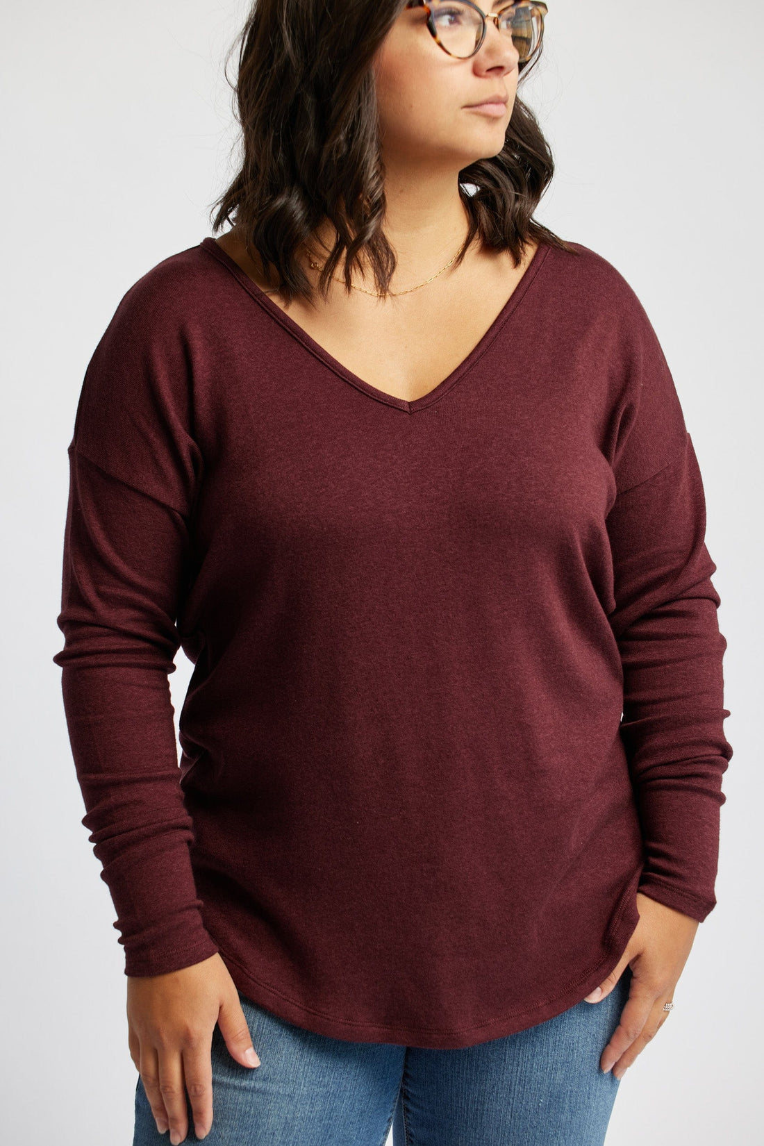 Knit V-Neck Sweater in Garnet - XS ONLY