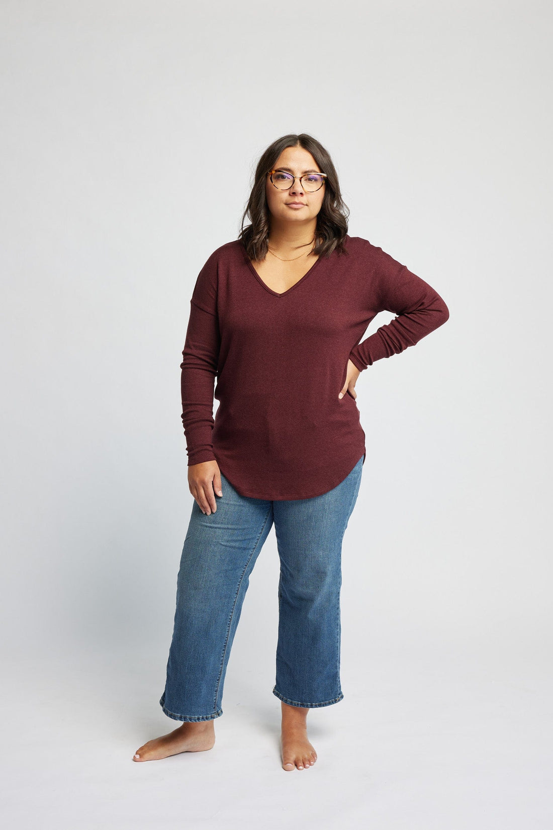 Knit V-Neck Sweater in Garnet - XS ONLY