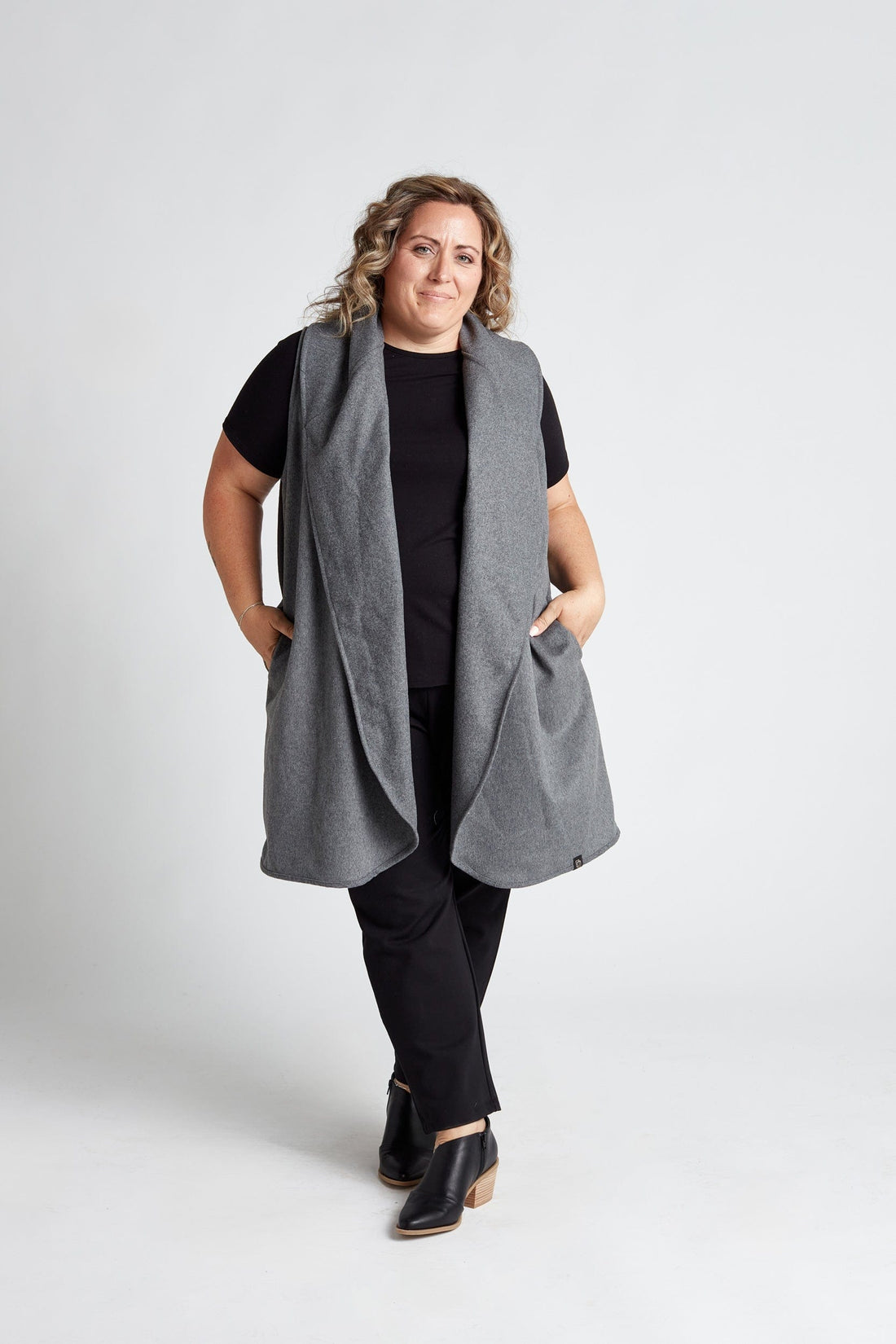 Gilet col en laine gris chiné