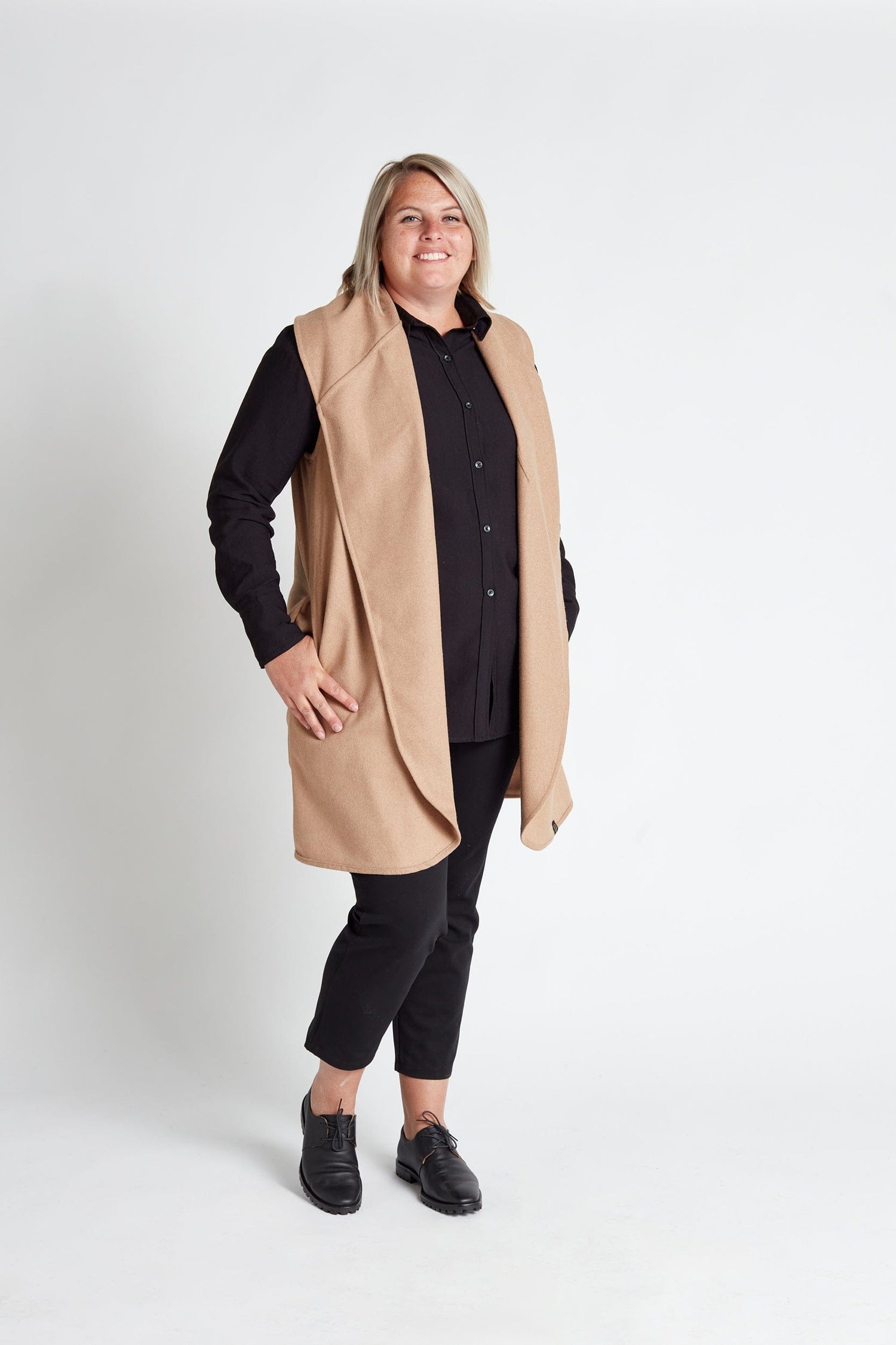Gilet col en laine camel