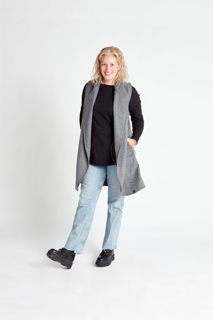 Gilet col en laine gris chiné
